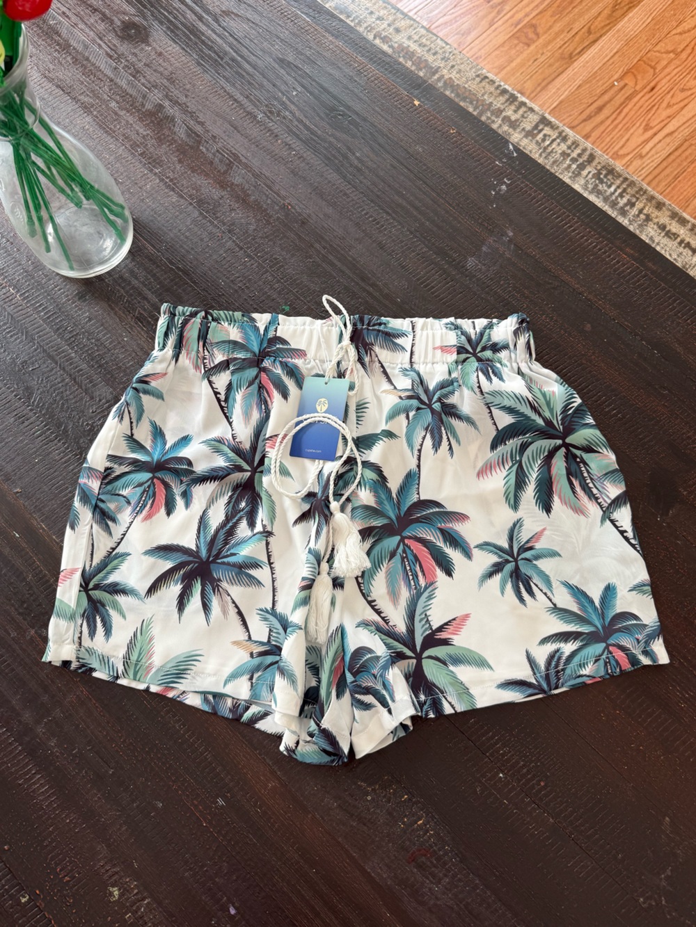 Cupshe Cream Palm-Print Beach Shorts with Teal & Pink Accents